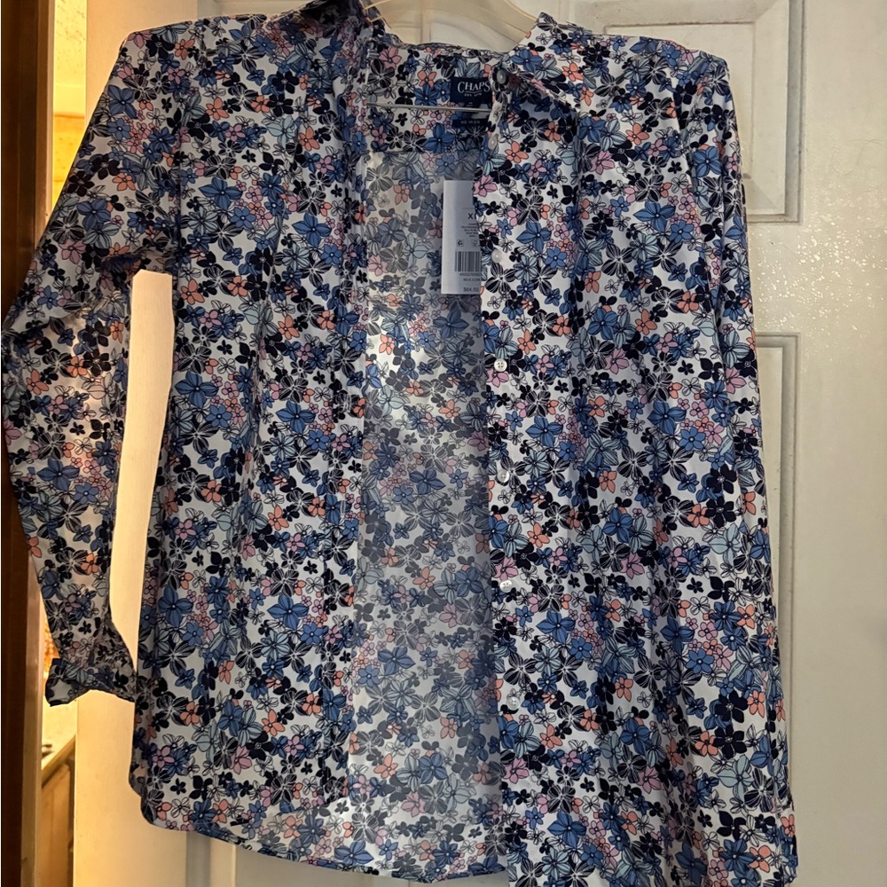 Chaps Floral Button-Down Blouse in Blue, Pink & Gray